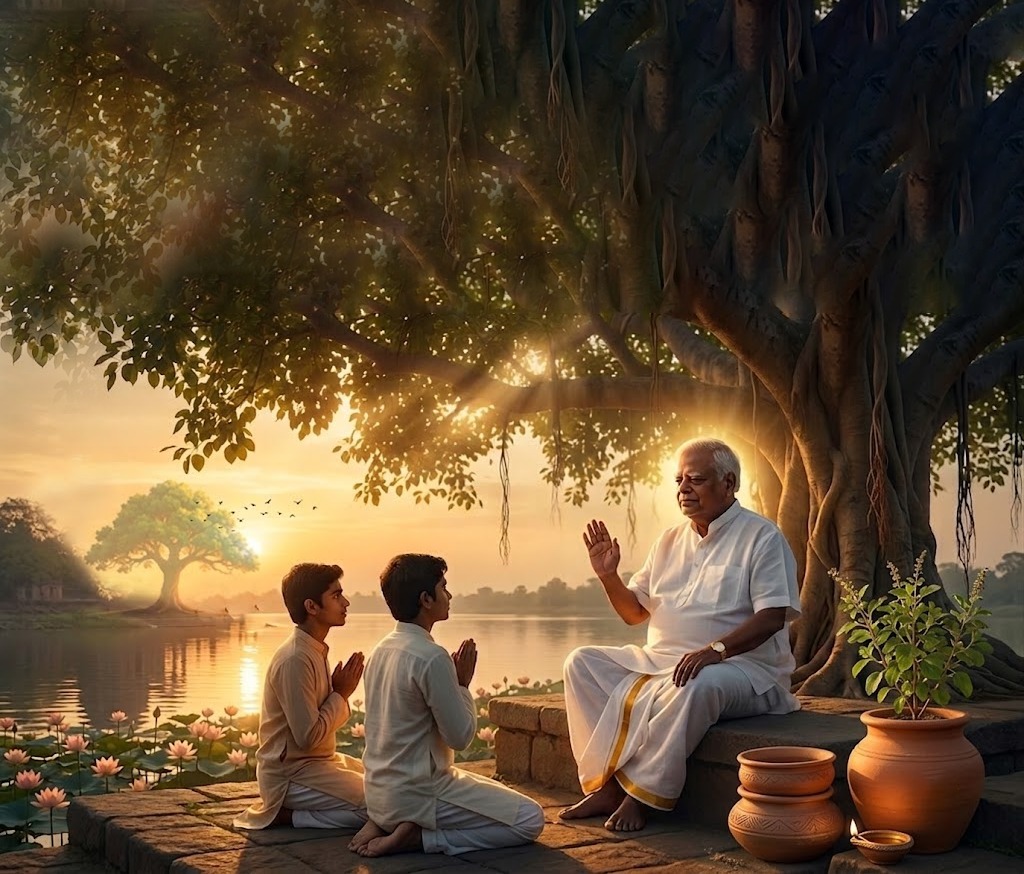 Guru seated under a banyan tree at sunrise, blessing two young seekers by a lotus lake